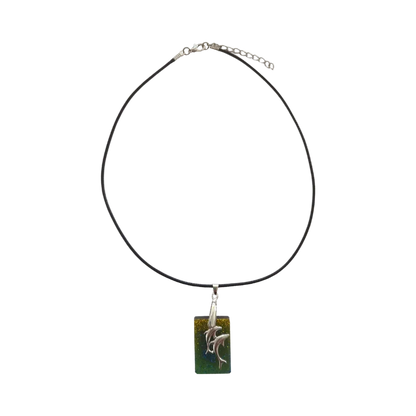 Necklace - 18 inches resin rectangle with dolphins silver charm on black cord