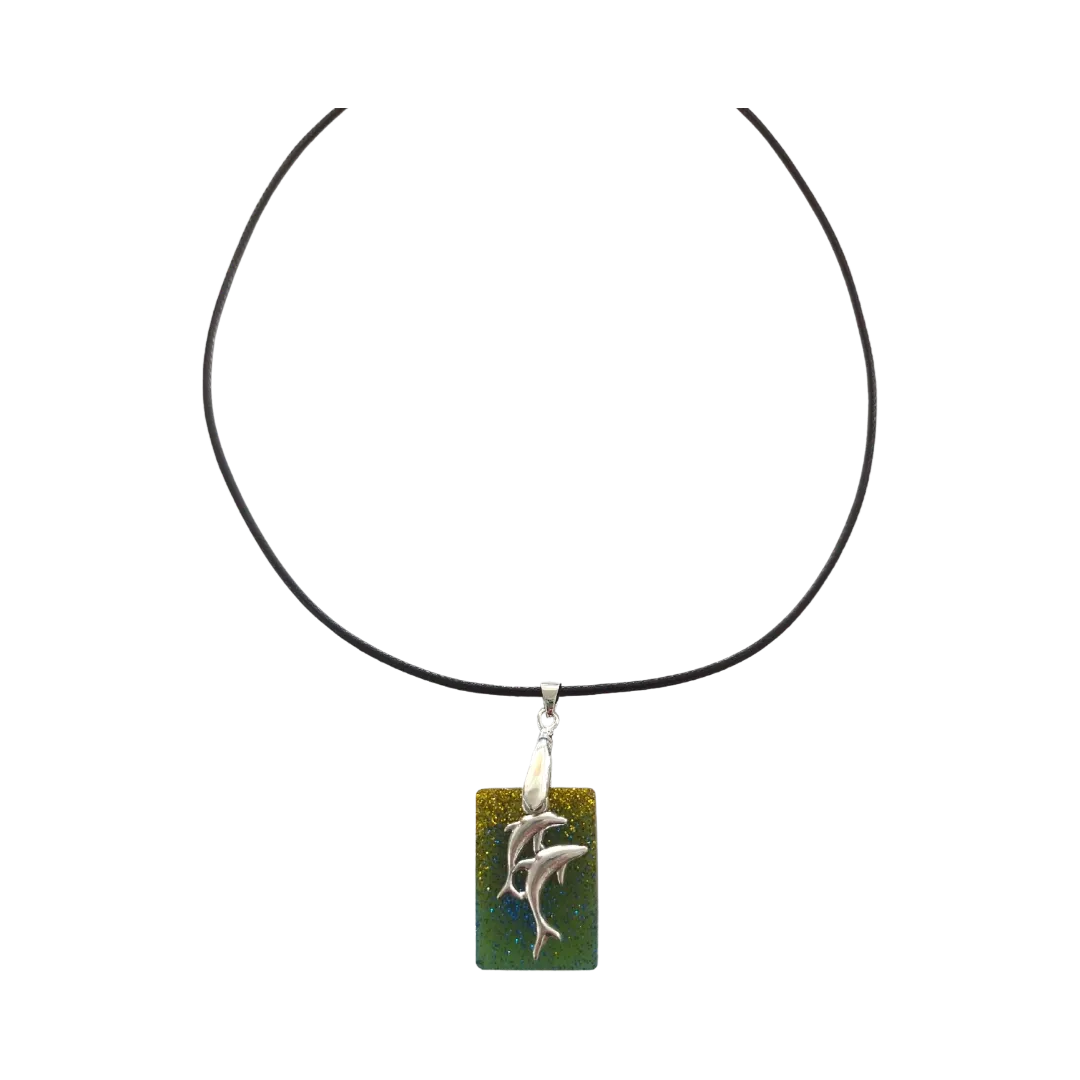 Necklace - 18 inches resin rectangle with dolphins silver charm on black cord