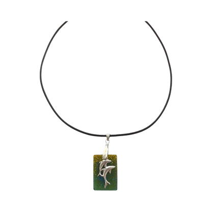 Necklace - 18 inches resin rectangle with dolphins silver charm on black cord