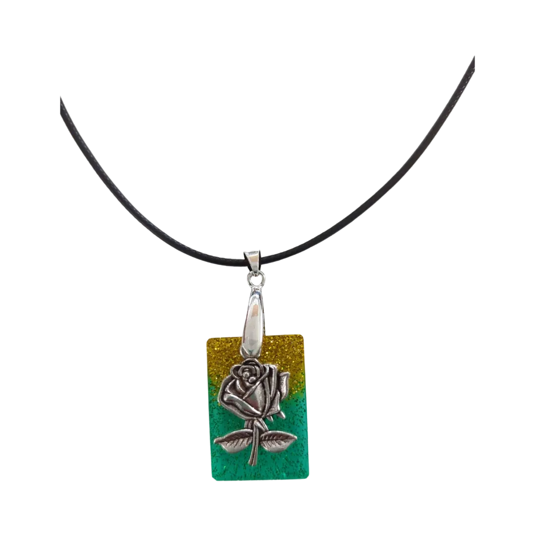 Necklace - 18 inches resin rectangle with silver flower charm on black cord