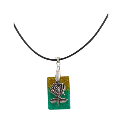 Necklace - 18 inches resin rectangle with silver flower charm on black cord