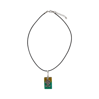 Necklace - 18 inches resin rectangle with silver flower charm on black cord