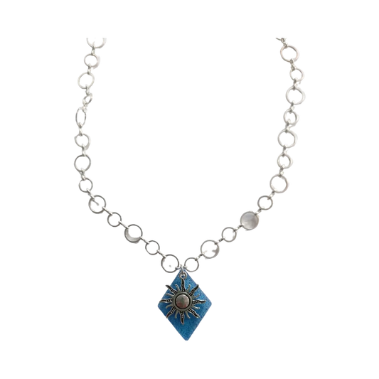 Necklace - 20.5 inches blue glitter resin diamond with sun charm on brass chain