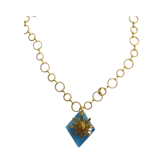 Necklace - 20.5 inches blue glitter resin diamond with sun charm on brass chain