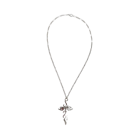 Necklace - 20.5 inches silver flaming cross on silver figaro chain