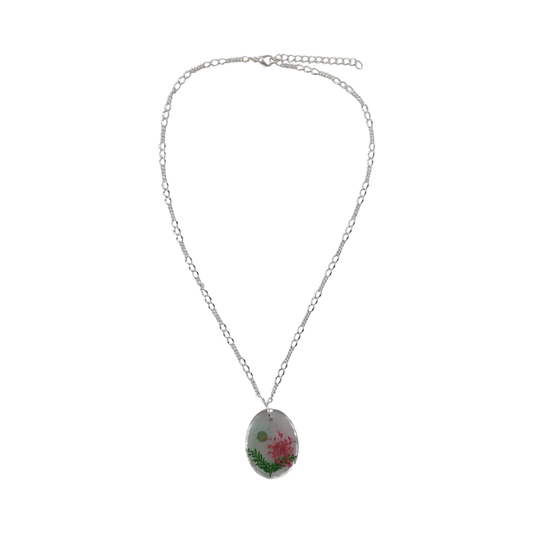 Necklace - 21 inches resin flower oval on silver figaro chain