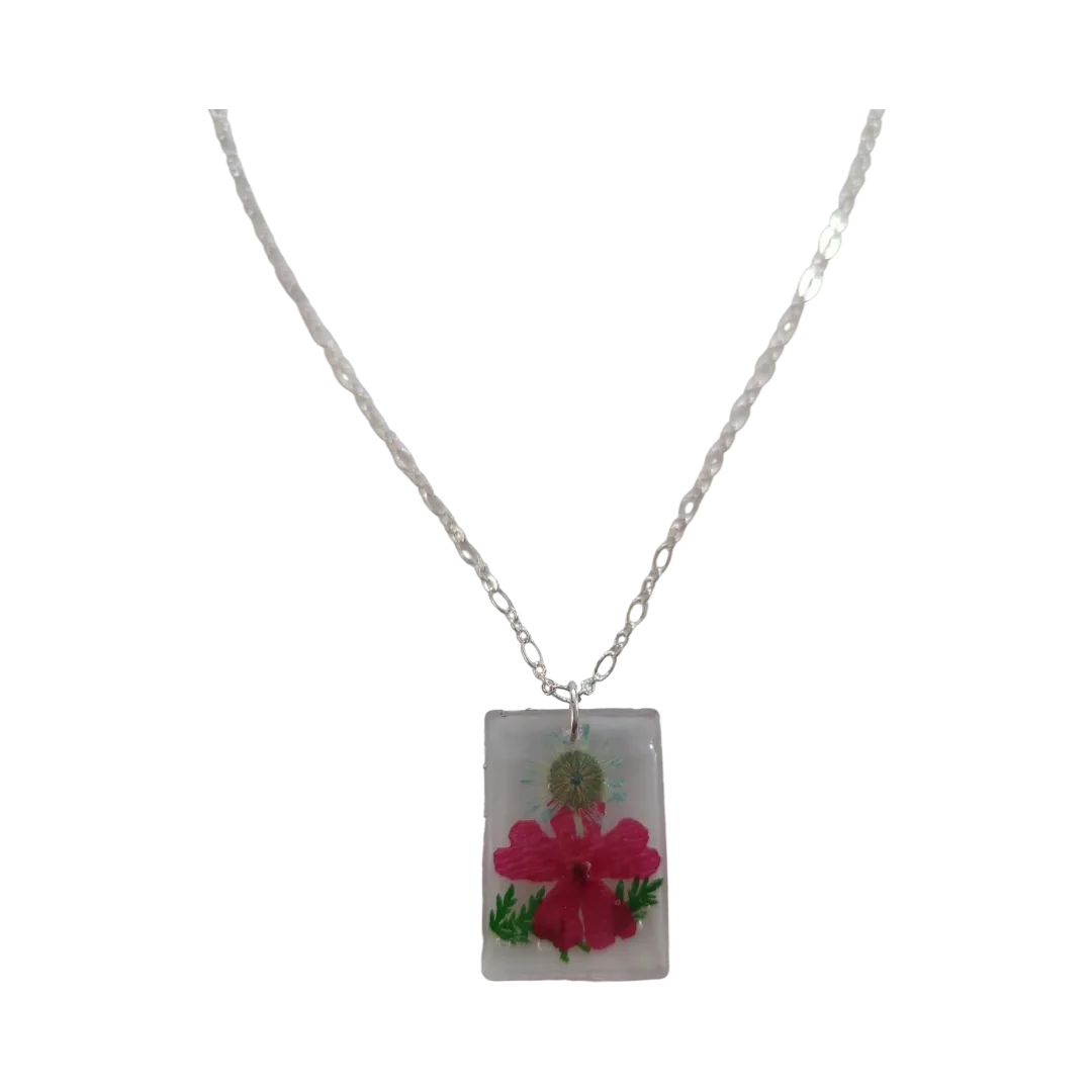 Necklace - 21 inches resin flower rectangle on silver cable chain