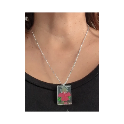 Necklace - 21 inches resin flower rectangle on silver cable chain