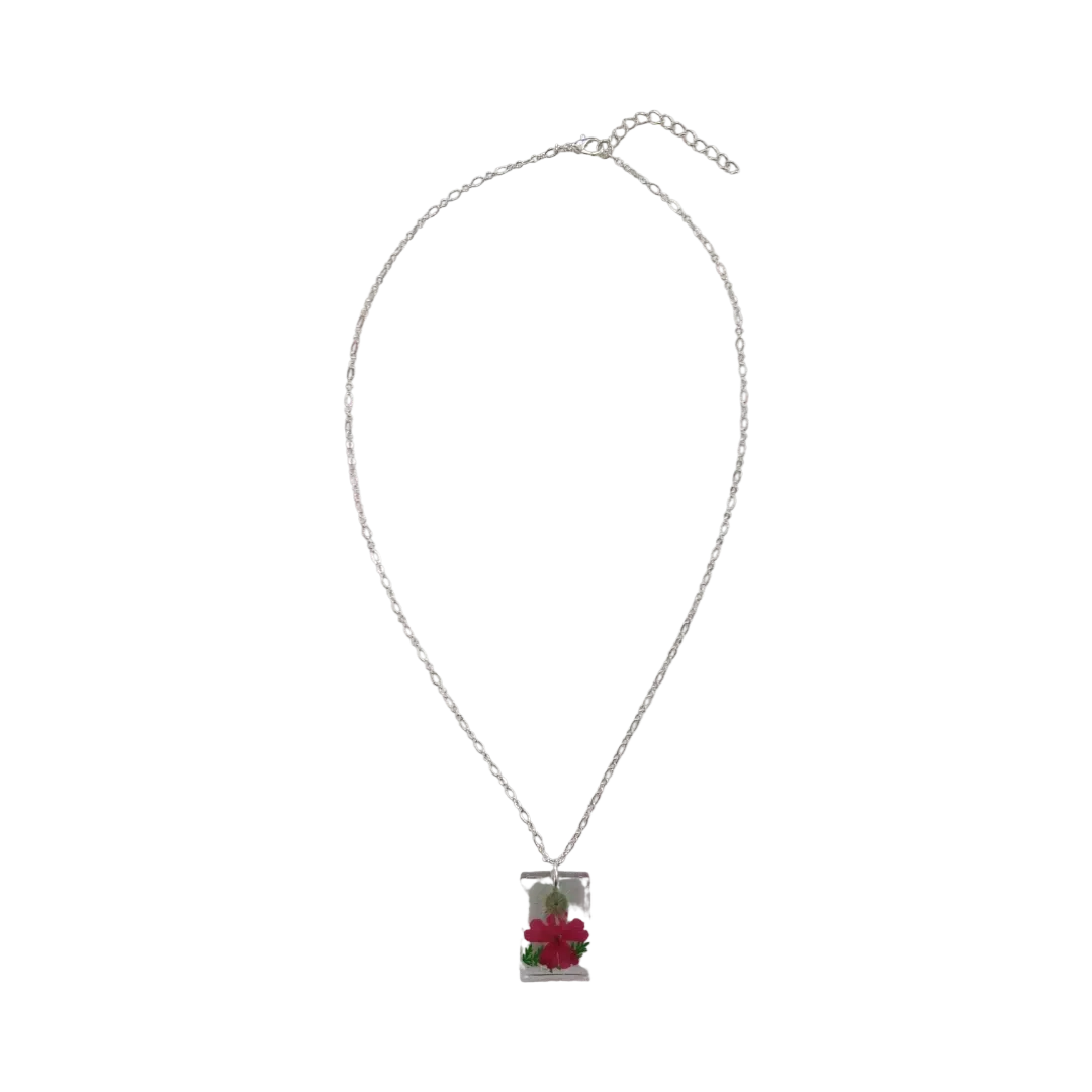 Necklace - 21 inches resin flower rectangle on silver cable chain