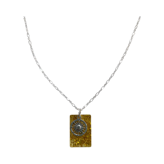 Necklace - 22.5 inches yellow glitter resin rectangle with sun charm on silver cable chain