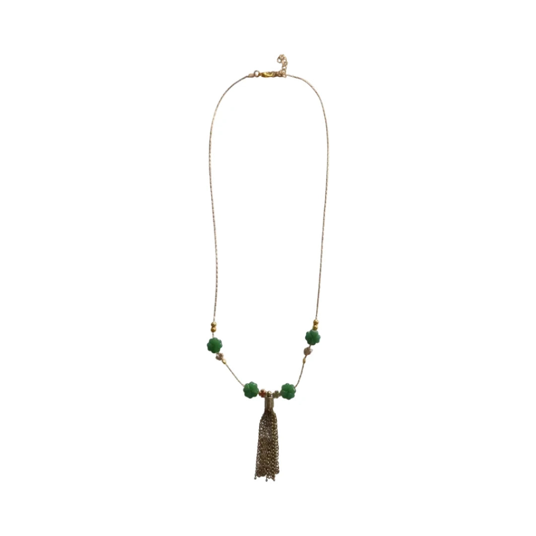 Necklace - 23 inches gold snake chain with Green Shamrock Clover Imitation Jade Glass Beads and 18K Gold Four Leaf Clover Spacer Beads 5x5 mm Metal and bronze tassel