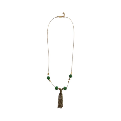 Necklace - 23 inches gold snake chain with Green Shamrock Clover Imitation Jade Glass Beads and 18K Gold Four Leaf Clover Spacer Beads 5x5 mm Metal and bronze tassel