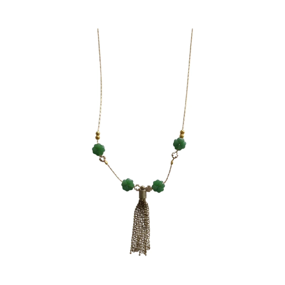 Necklace - 23 inches gold snake chain with Green Shamrock Clover Imitation Jade Glass Beads and 18K Gold Four Leaf Clover Spacer Beads 5x5 mm Metal and bronze tassel