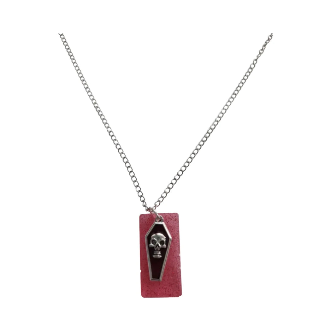 Necklace - 24.5 inches red glitter resin rectangle with coffin charm on stainless steel curb chain