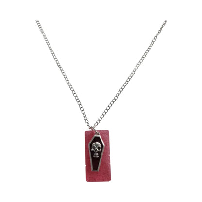 Necklace - 24.5 inches red glitter resin rectangle with coffin charm on stainless steel curb chain