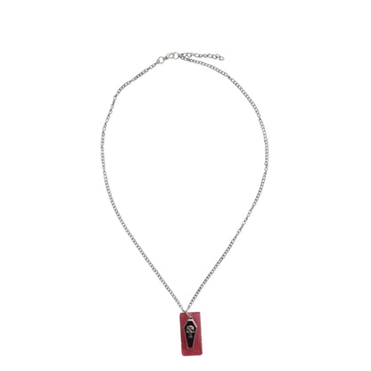 Necklace - 24.5 inches red glitter resin rectangle with coffin charm on stainless steel curb chain