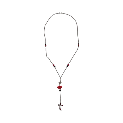 Necklace - 27 inches 3 mm stainless steel rolo chain with black and red beds and charms, 5.5 inches drop extension