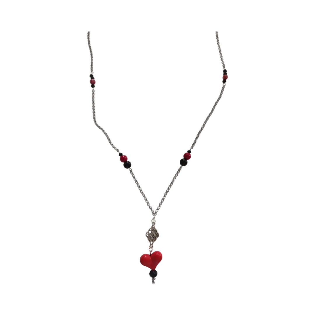 Necklace - 27 inches 3 mm stainless steel rolo chain with black and red beds and charms, 5.5 inches drop extension