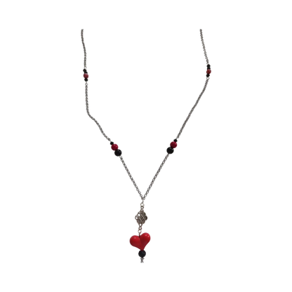 Necklace - 27 inches 3 mm stainless steel rolo chain with black and red beds and charms, 5.5 inches drop extension