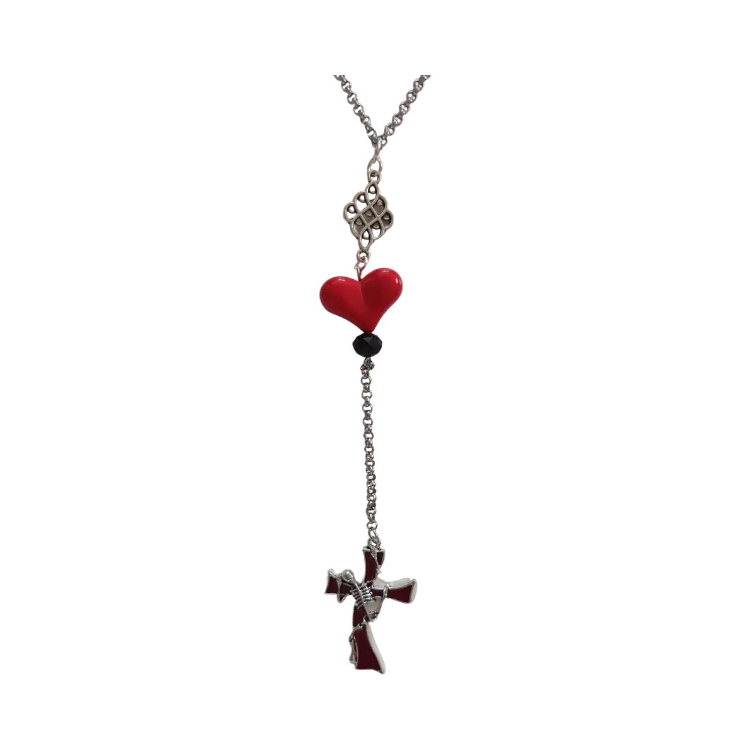 Necklace - 27 inches 3 mm stainless steel rolo chain with black and red beds and charms, 5.5 inches drop extension