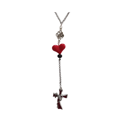 Necklace - 27 inches 3 mm stainless steel rolo chain with black and red beds and charms, 5.5 inches drop extension