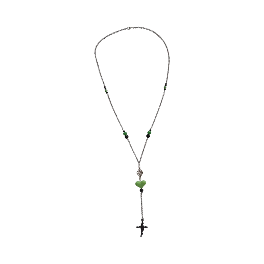 Necklace - 28 inches 3 mm stainless steel rolo chain with black and green beds and charms, 5.5 inches drop extension