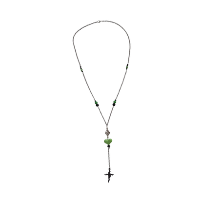 Necklace - 28 inches 3 mm stainless steel rolo chain with black and green beds and charms, 5.5 inches drop extension