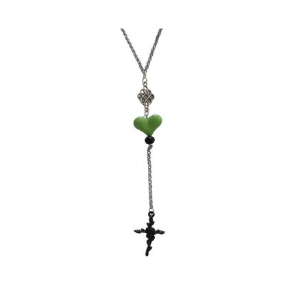 Necklace - 28 inches 3 mm stainless steel rolo chain with black and green beds and charms, 5.5 inches drop extension