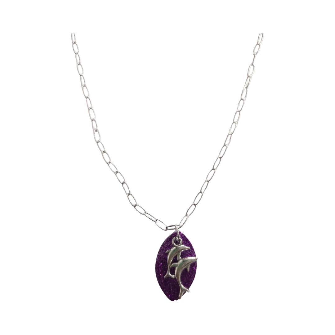 Necklace - Necklace - 23 inches purple glitter resin leaf with antique silver dolphins charm on silver paperclip cable chain