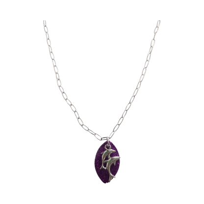 Necklace - Necklace - 23 inches purple glitter resin leaf with antique silver dolphins charm on silver paperclip cable chain