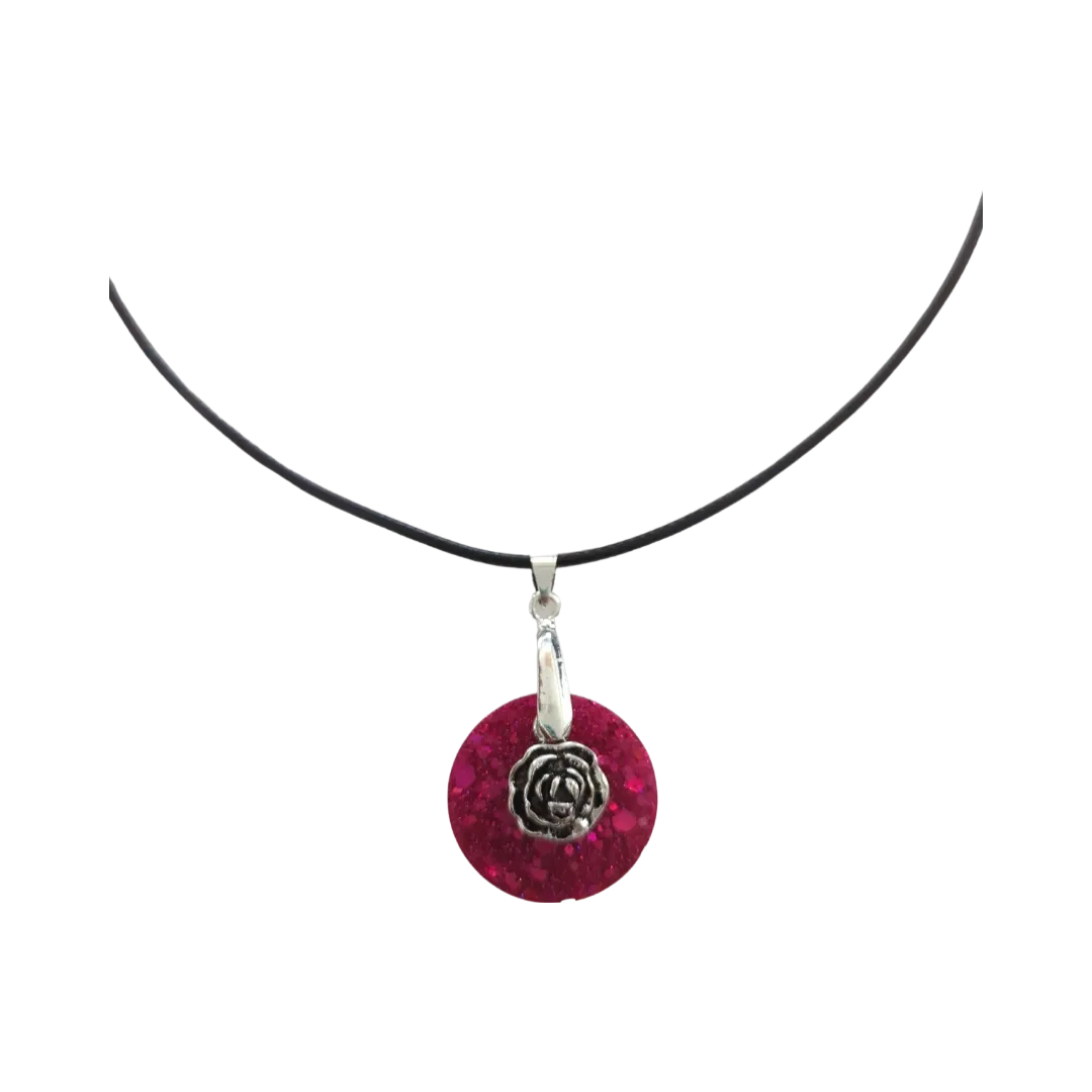 Necklace - Resin circle with silver flower charm on black cord