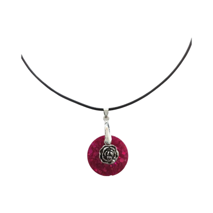 Necklace - Resin circle with silver flower charm on black cord