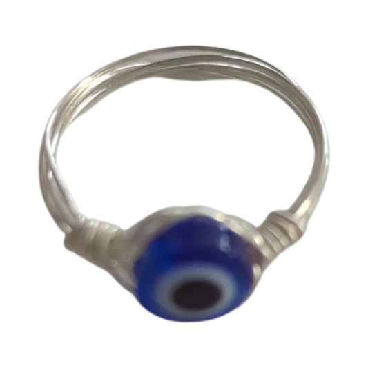 Ring - Evil dark blue eye on silver 22 gauge wire 0.6mm