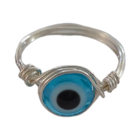 Ring - Evil light blue eye on silver 22 gauge wire 0.6mm