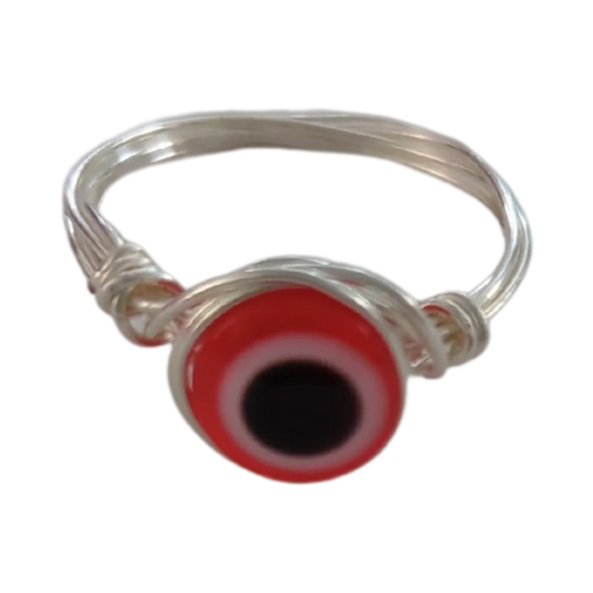 Ring - Evil red eye on silver 22 gauge wire 0.6mm