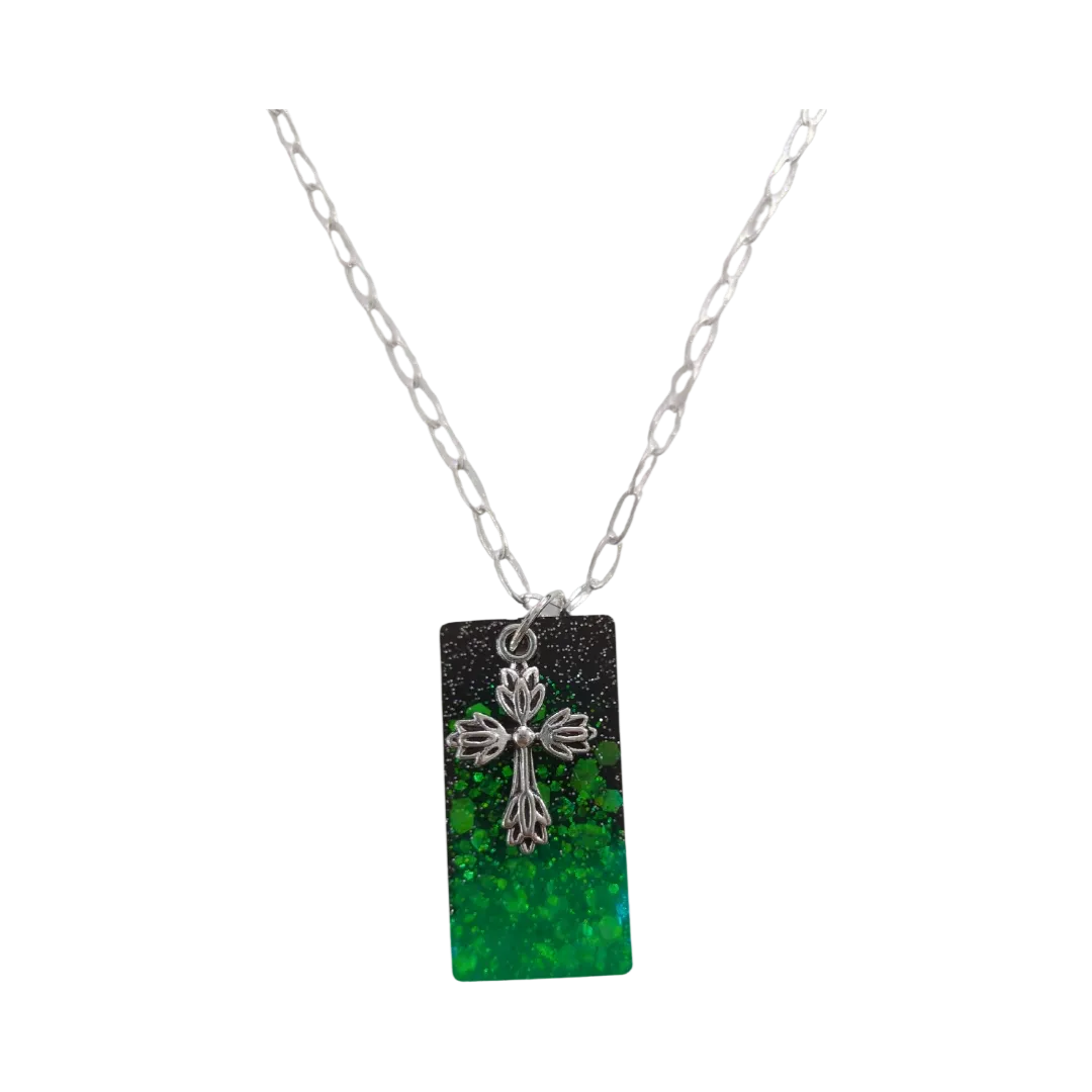 Necklace - 18.5 inches black green glitter resin rectangle with silver cross charm on silver paperclip cable chain