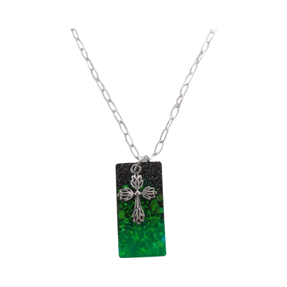 Necklace - 18.5 inches black green glitter resin rectangle with silver cross charm on silver paperclip cable chain