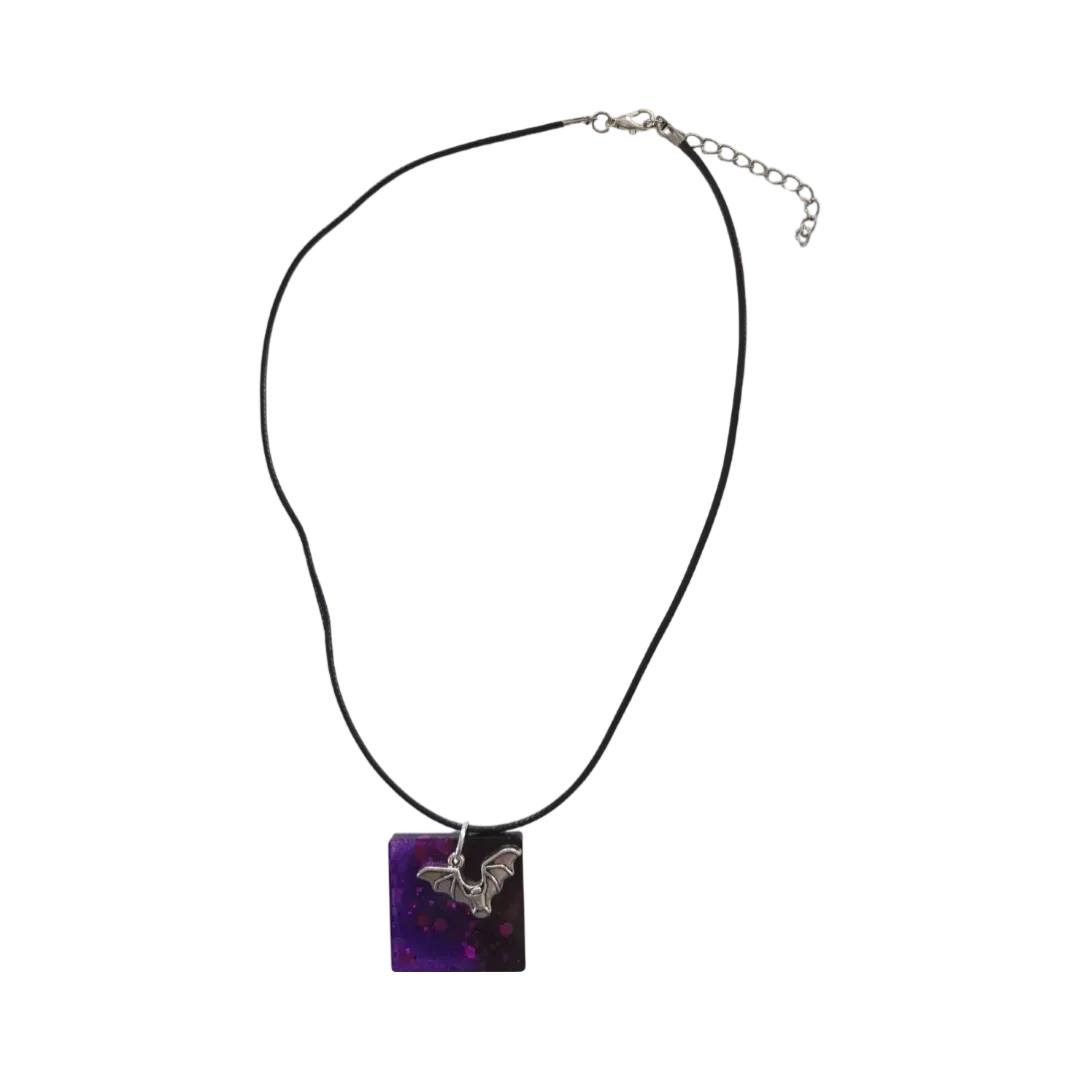 Necklace - 18 inches silver bat resin square on braided black cord