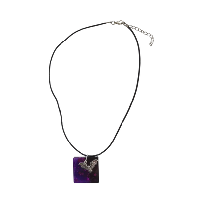 Necklace - 18 inches silver bat resin square on braided black cord