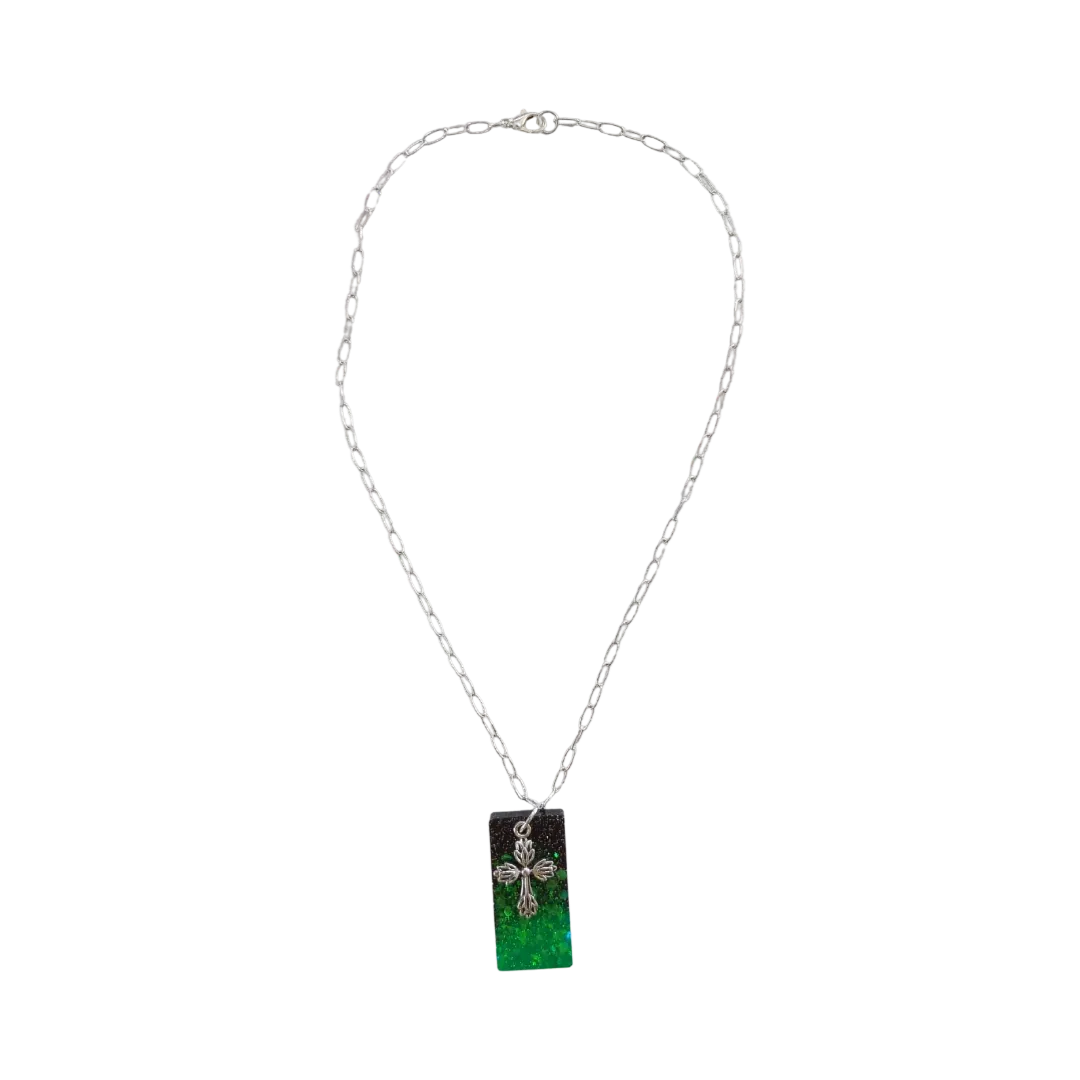 Necklace - 18.5 inches black green glitter resin rectangle with silver cross charm on silver paperclip cable chain