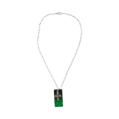 Necklace - 18.5 inches black green glitter resin rectangle with silver cross charm on silver paperclip cable chain