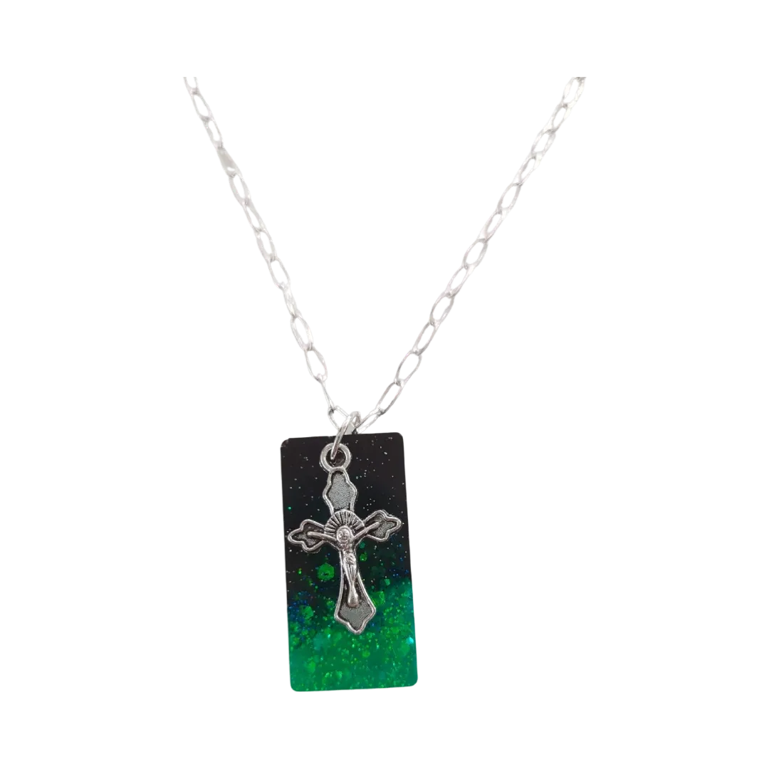 Necklace - 18.5 inches black green glitter resin rectangle with silver cross charm on silver paperclip cable chain