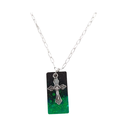 Necklace - 18.5 inches black green glitter resin rectangle with silver cross charm on silver paperclip cable chain