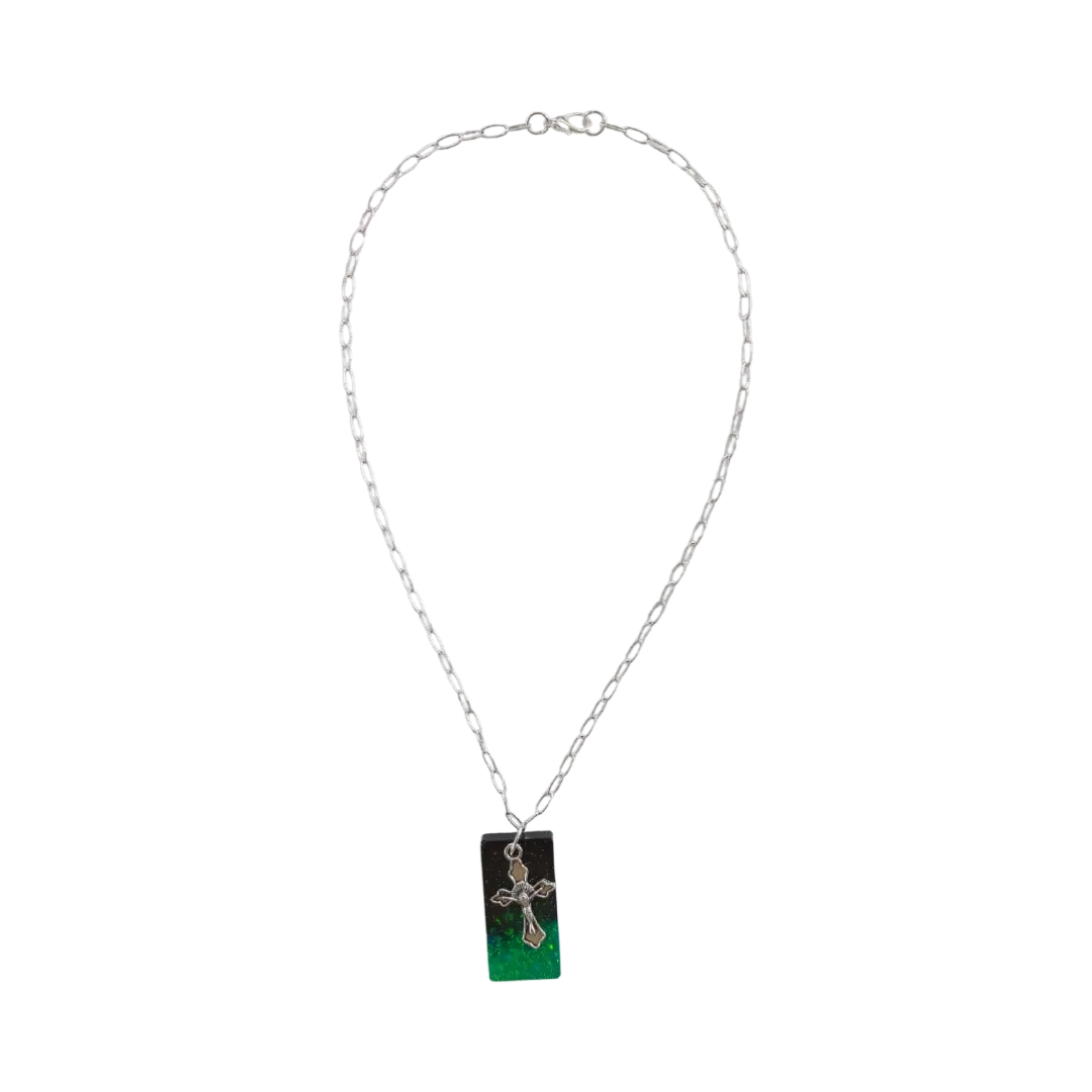 Necklace - 18.5 inches black green glitter resin rectangle with silver cross charm on silver paperclip cable chain