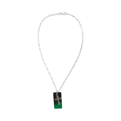 Necklace - 18.5 inches black green glitter resin rectangle with silver cross charm on silver paperclip cable chain