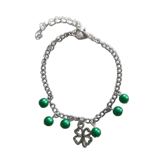 Bracelet - 7 inches stainless steel curb chain with silver four leaf clover and 6 green pearl beads