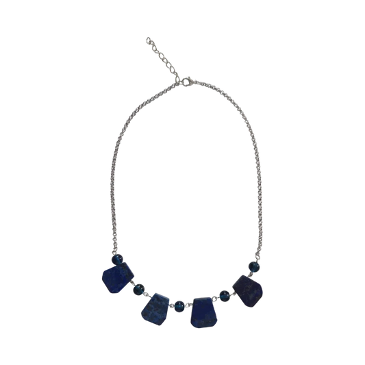 Necklace - 18.5 inches navy lapis and blue glass beads on 3 mm stainless steel rolo chain