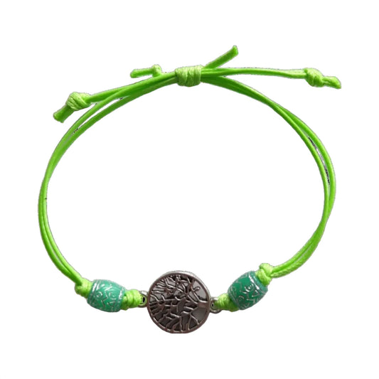 Bracelet - Adjustable antique silver tree of life charm with green beads on green waxed polyester cord Bracelet