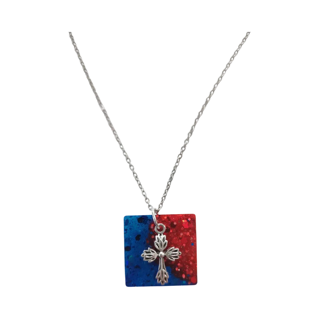 Necklace - 18.5 inches silver cross resin square on silver chain