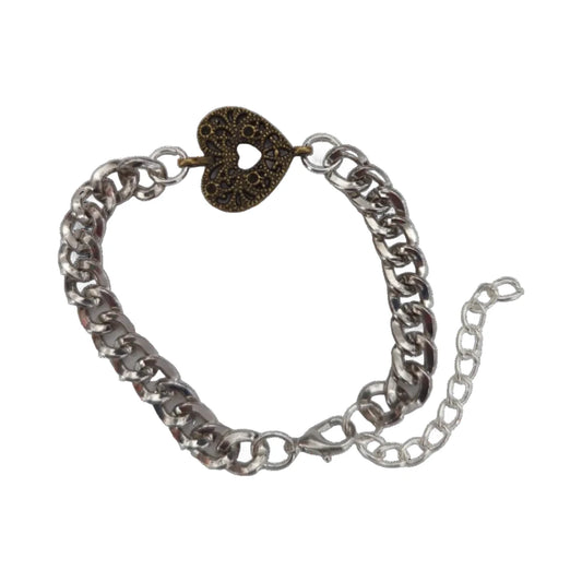 Bracelet - 7 inches antique bronze heart on silver curb chain